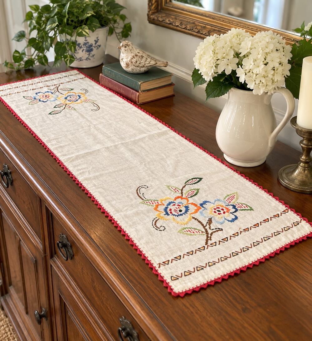 Hand Embroidered Vintage Table Runner Floral Linen Crochet Edge 40x15 Cottage